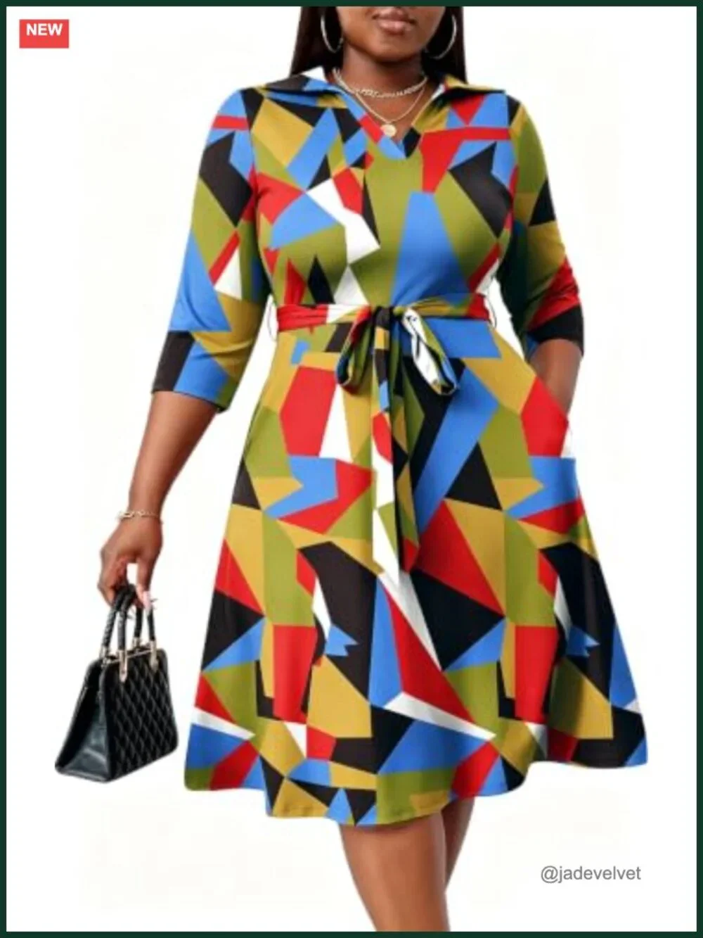 Plus Size Midi Dress Women Fit Flare A-Line Pockets Belt 3/4 Sleeve V-Neck